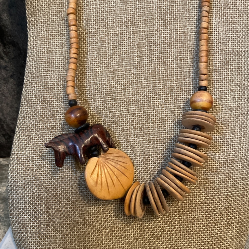 Vintage Wood Heishi Beaded Necklace with Carved Zebra - Picture 2 of 4